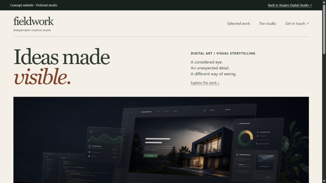 Example creative business website showing artwork and a way to ask about a project