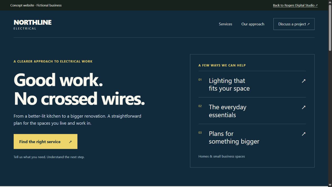 Example electrical business website with services, service areas and a quote button